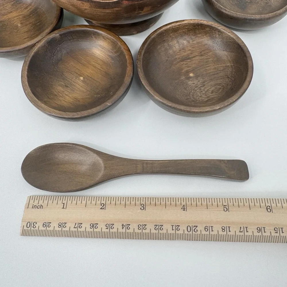Wood Family Snack Orb Sphere Spoon & 4 personal Snack bowls VINTAGE With Tags